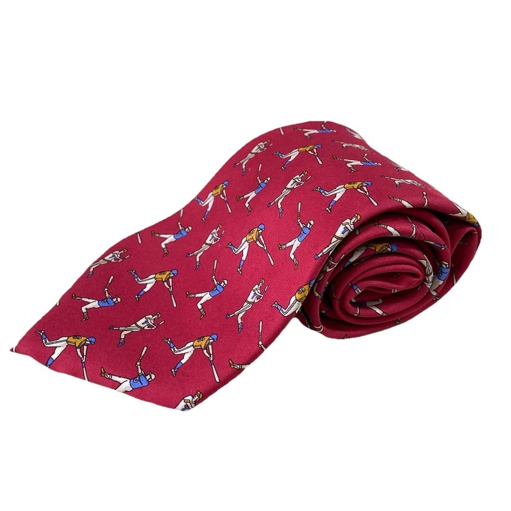 BEAUFORT Tie Rack Men's 100% Silk Designer Necktie Baseball Player Red 56x3.5"